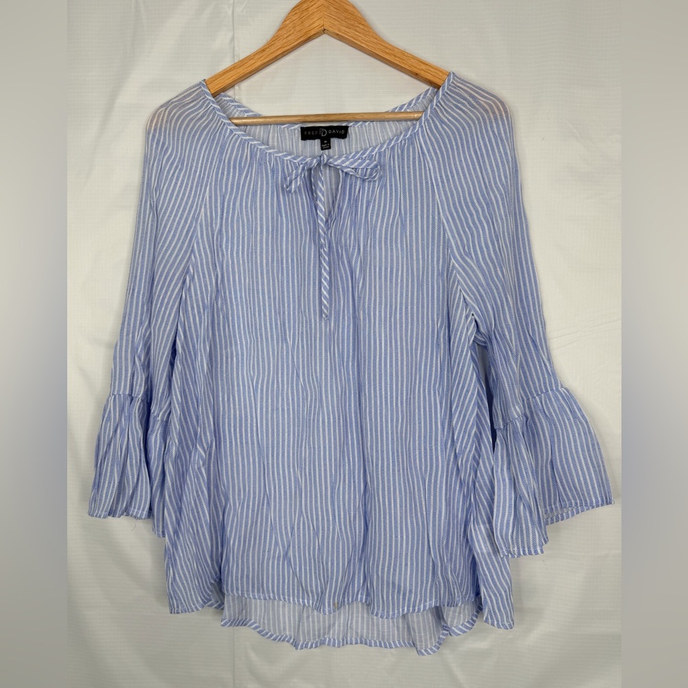 Fred‎ David Blue White Striped Boho Top Medium Tie Neck Bell Sleeve Hi Low